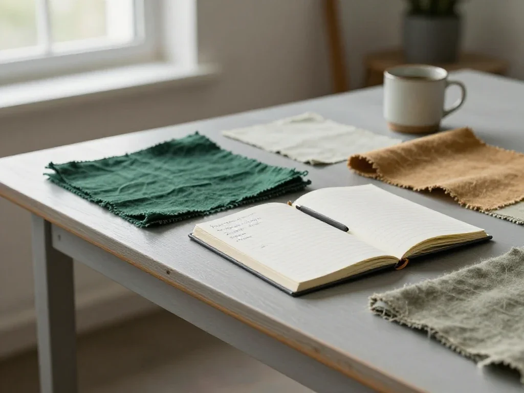 Espace de travail matinal avec tissus et carnets, soulignant l'attention portée aux détails créatifs.