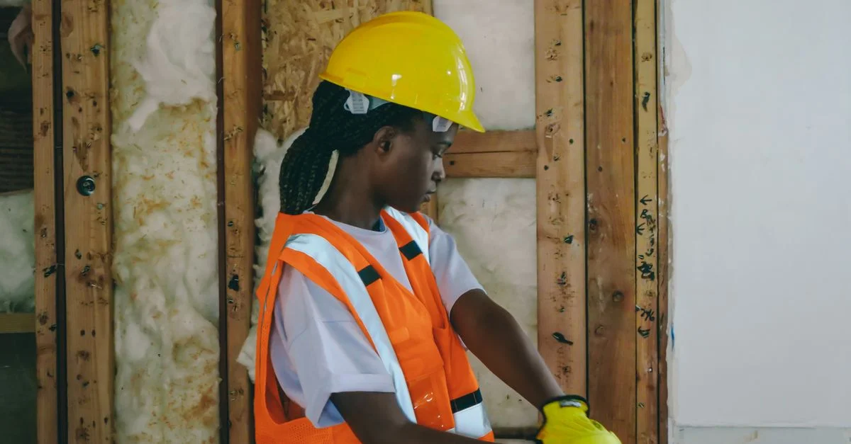 Femme ouvrière du bâtiment en EPI martelant à l'intérieur sur un site de rénovation.
