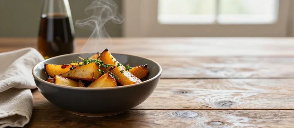 Un plat de légumes rôtis servi dans un bol artisanal pour illustrer l'art culinaire.